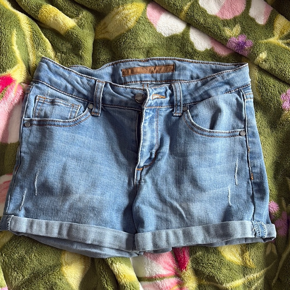 Blue Jean Shorts with Cuffed Hem and Faded Look